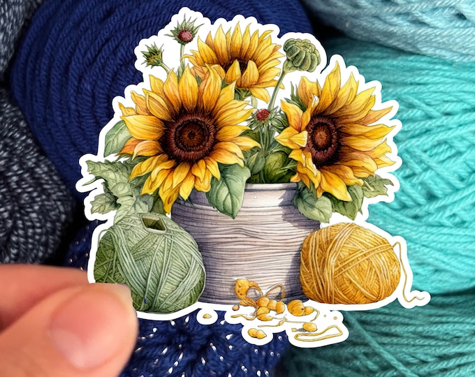 Sunflowers and Yarn Skeins Sticker #3- Die Cut Matte or Glossy Stickers for Knitter Crocheter or Spinner