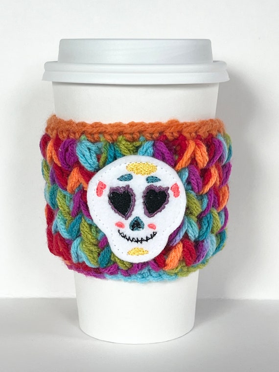 Coffee Cup Cozy |  Sugar Skull Halloween Season | Crochet Coffee Sleeve | Reusable Cozie Environmentally Friendly Tea Cozie Cozy