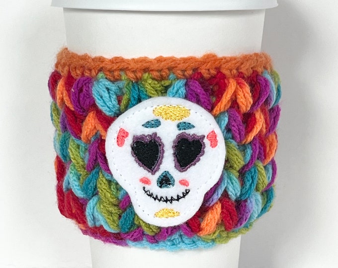 Coffee Cup Cozy |  Sugar Skull Halloween Season | Crochet Coffee Sleeve | Reusable Cozie Environmentally Friendly Tea Cozie Cozy
