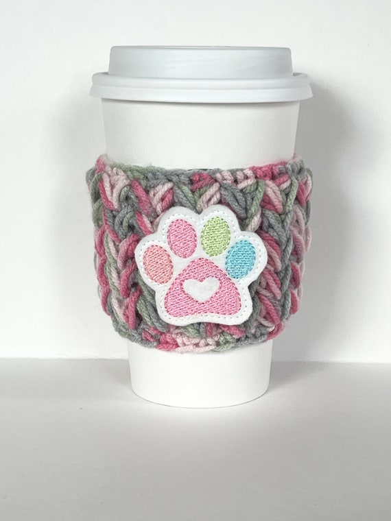 Coffee Cup Cozy | Paw Print Love | Crochet Coffee Sleeve | Reusable Cozie Environmentally Friendly Tea Cozie Cozy