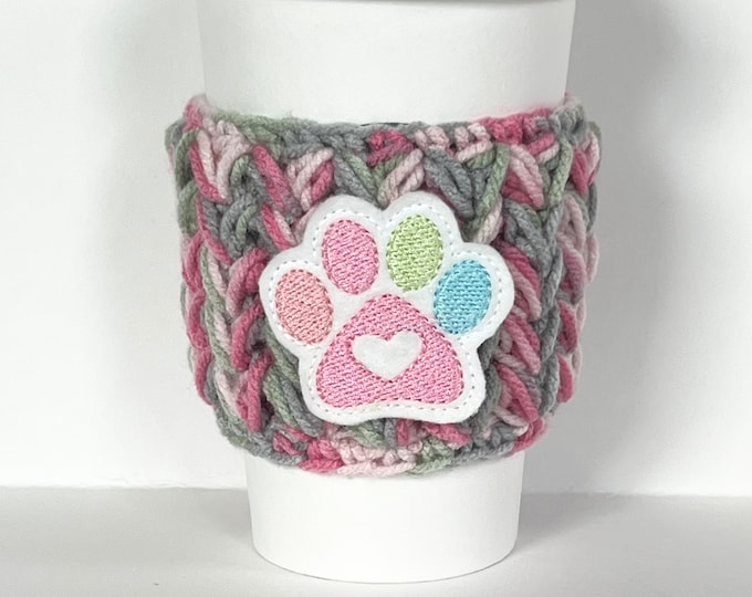 Coffee Cup Cozy | Paw Print Love | Crochet Coffee Sleeve | Reusable Cozie Environmentally Friendly Tea Cozie Cozy