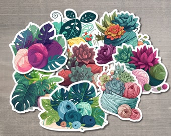 Tropical Plants, Succulents and Yarn Skein Stickers Pack of 8 - Die Cut Matte or Glossy Stickers for Knitter Crocheter or Spinner