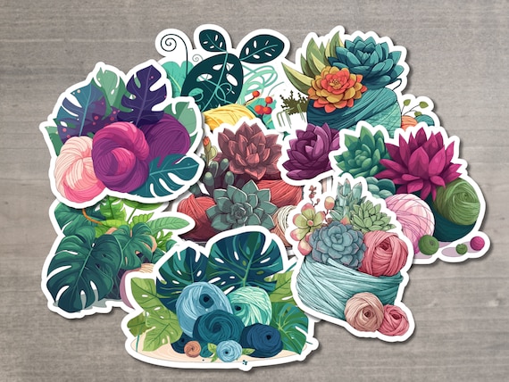 Tropical Plants, Succulents and Yarn Skein Stickers Pack of 8 - Die Cut Matte or Glossy Stickers for Knitter Crocheter or Spinner