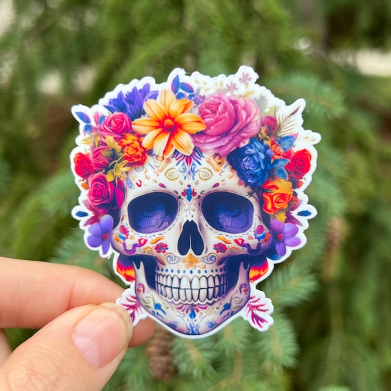 Floral Skull Sticker Or Magnet | Flower Bouquet Sugar Skull | Calavera Plant bottle Laptop Halloween Spooky Season