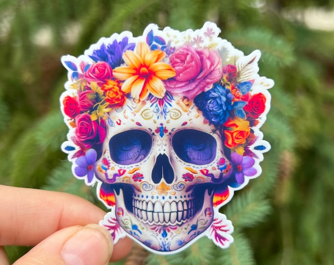 Floral Skull Sticker | Flower Bouquet Sugar Skull | Calavera Plant Flowers Water bottle Laptop Sticker Halloween Spooky Season