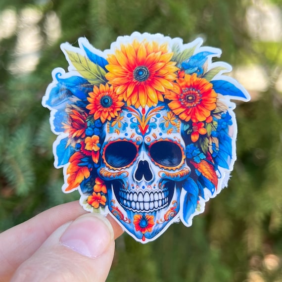 Sunflower and Feathers Skull Sticker or Magnet | Floral Sugar Skull | Calavera Plant Flowers Water bottle Laptop Halloween Spooky Season