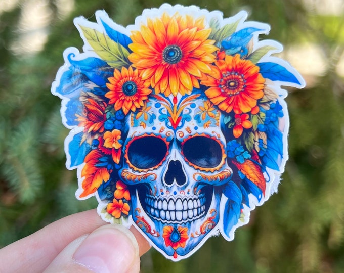 Sunflower and Feathers Skull Sticker | Floral Sugar Skull | Calavera Plant Flowers Water bottle Laptop Sticker Halloween Spooky Season