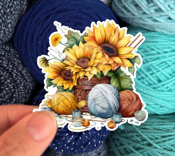 Sunflowers and Yarn Skeins Sticker #4- Die Cut Matte or Glossy Stickers for Knitter Crocheter or Spinner