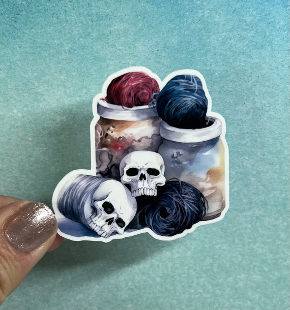 Skull With Yarn in Jars Skeins Sticker | Yarn Sticker Knitting Crochet Die Cut Sticker Rainbow Waterbottle Laptop Sticker Goth Skulls