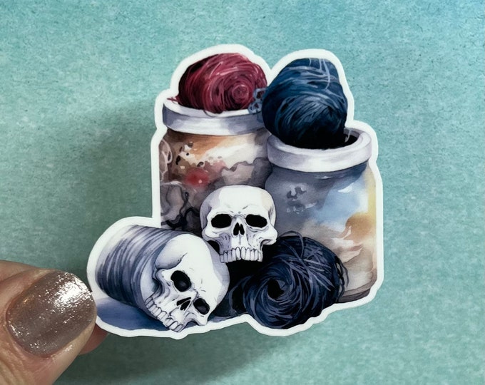 Skull With Yarn in Jars Skeins Sticker | Yarn Sticker Knitting Crochet Die Cut Sticker Rainbow Waterbottle Laptop Sticker Goth Skulls