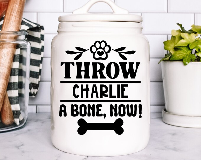 Vinyl Decal Custom Pet Throw a Bone To Treats Jar | Personalized Animal Name | Car Notebook Laptop Vinyl Dog Treats cat Treats