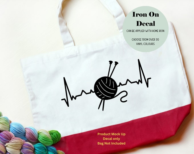 Iron On Decal Knitting Heartbeat | Knitting Needles and Yarn | DIY Gift Personalized Shirt Hoody Bag Gift for Knitter