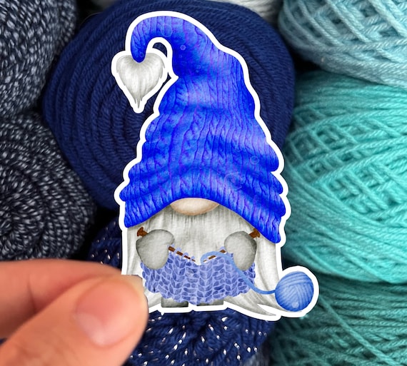 Knitting Gnome Sticker Blue - Die Cut Matte or Glossy Stickers for Knitter Crocheter or Spinner - Gonk sticker