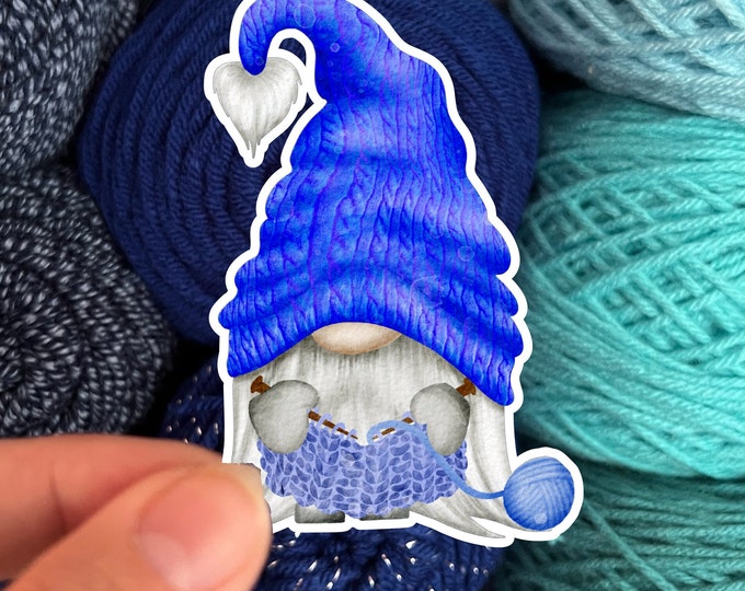 Knitting Gnome Sticker Blue - Die Cut Matte or Glossy Stickers for Knitter Crocheter or Spinner - Gonk sticker