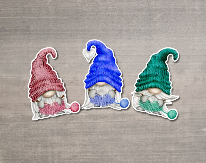 Knitting Gnome Stickers Pack of 3 - Die Cut Matte or Glossy Stickers for Knitter Crocheter or Spinner - Gonk sticker