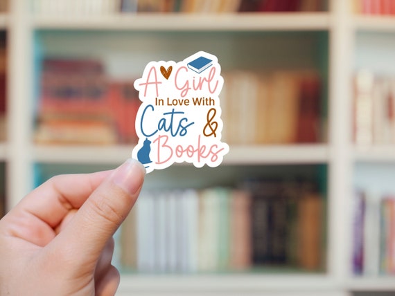 A Girl In Love with Cats and Books Sticker  |  Rainbow Water bottle Laptop Sticker Reading Books Library Cat Kitten Sticker
