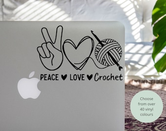 Vinyl Decal Peace Love Crochet  | Heartbeat Crochet Hook and Yarn | Car Notebook Sticker Vinyl Laptop Coffee Mug