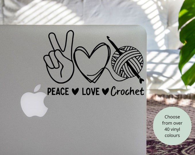Vinyl Decal Peace Love Crochet  | Heartbeat Crochet Hook and Yarn | Car Notebook Sticker Vinyl Laptop Coffee Mug