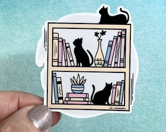 Cats and Bookshelf Sticker | Die Cut Sticker Rainbow Waterbottle Laptop Sticker Reading Books Library Cat Kitten Sticker