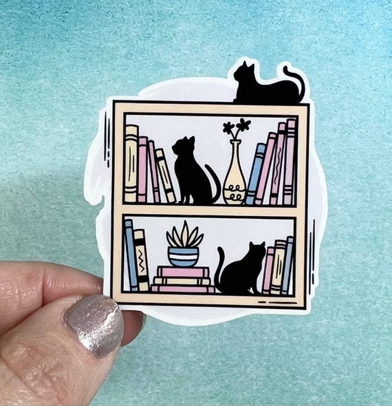 Cats and Bookshelf Sticker or Magnet | Rainbow Waterbottle Laptop Sticker Reading Books Library Cat Kitten Sticker