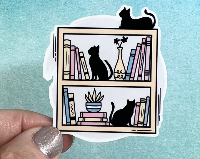 Cats and Bookshelf Sticker | Die Cut Sticker Rainbow Waterbottle Laptop Sticker Reading Books Library Cat Kitten Sticker