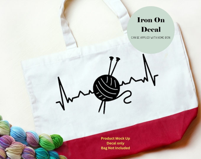 Iron On Decal Knitting Heartbeat | Knitting Needles and Yarn | DIY Gift Personalized Shirt Hoody Bag Gift for Knitter