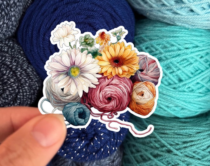 Watercolor Flowers and Yarn Skeins Sticker #3 - Die Cut Matte or Glossy Stickers for Knitter Crocheter or Spinner