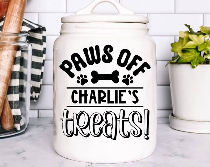 Vinyl Decal Custom Pet Paws Off Treats Jar | Personalized Animal Name Customized Stickers | Car Notebook Laptop Vinyl Dog Treats cat Treats