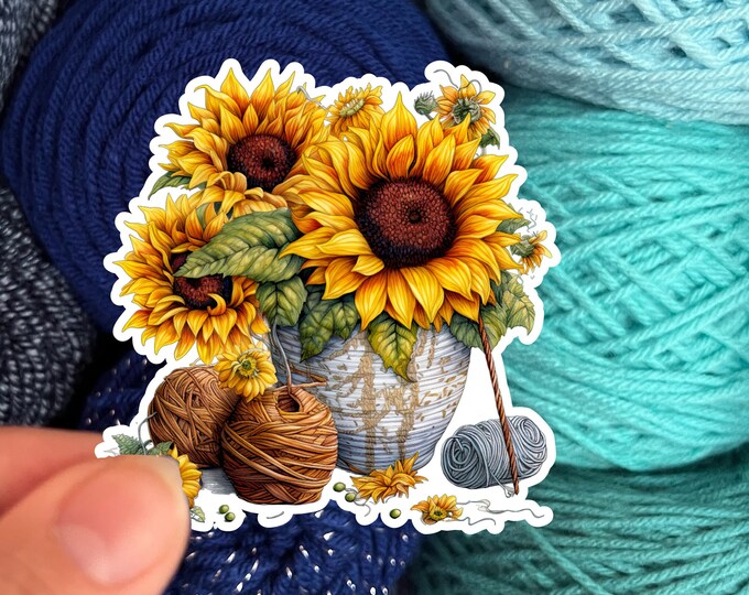 Sunflowers and Yarn Skeins Sticker #2- Die Cut Matte or Glossy Stickers for Knitter Crocheter or Spinner