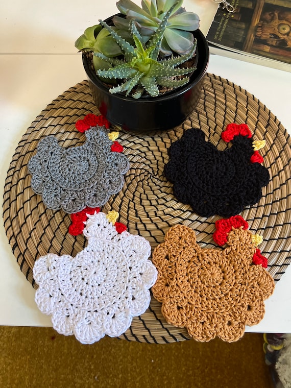 Crochet Chicken Coasters | Made to order |  cotton drink coasters