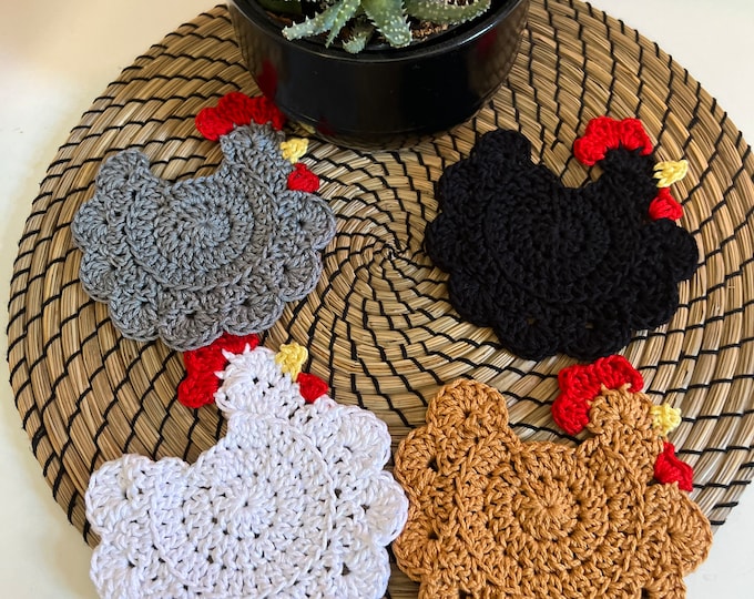 Crochet Chicken Coasters | Made to order |  cotton drink coasters
