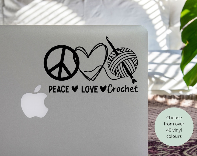 Vinyl Decal Peace Love Crochet  | Heartbeat Crochet Hook and Yarn | Car Notebook Sticker Vinyl Laptop Coffee Mug