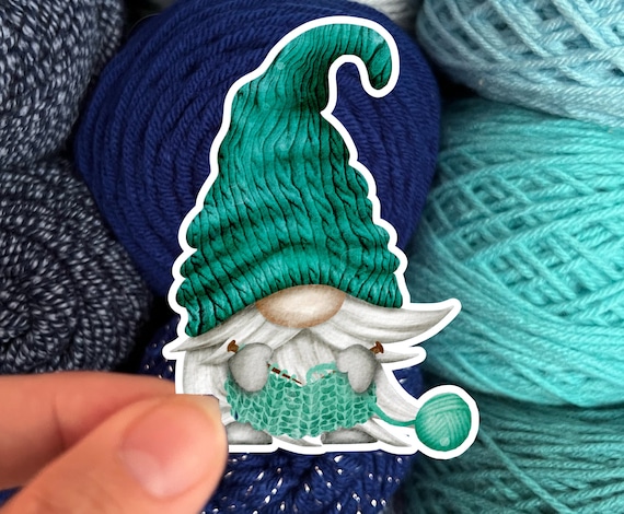 Knitting Gnome Sticker Green - Die Cut Matte or Glossy Stickers for Knitter Crocheter or Spinner - Gonk sticker
