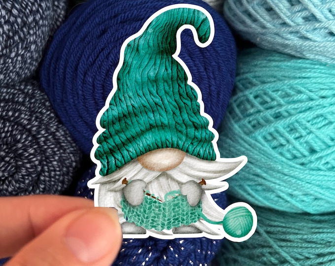Knitting Gnome Sticker Green - Die Cut Matte or Glossy Stickers for Knitter Crocheter or Spinner - Gonk sticker