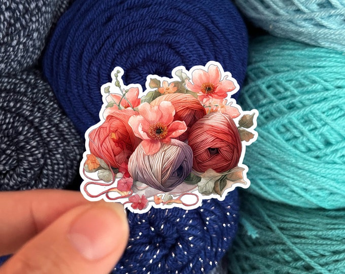 Watercolor Flowers and Yarn Skeins Sticker #7 - Die Cut Matte or Glossy Stickers for Knitter Crocheter or Spinner