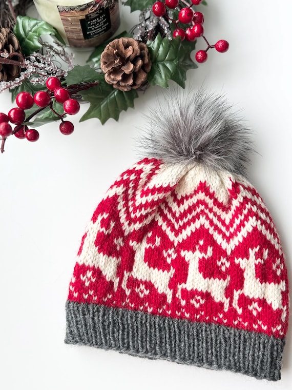 Hand Knit Beanie Hat For Child or Teen - Reindeer Motif Winter Knit with 100%  Wool