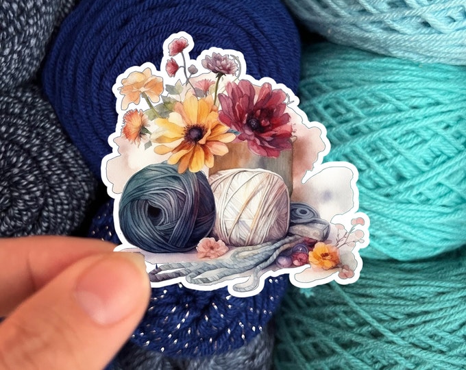 Watercolor Yarn with Flowers Sticker #1 - Die Cut Matte or Glossy Stickers for Knitter Crocheter or Spinner