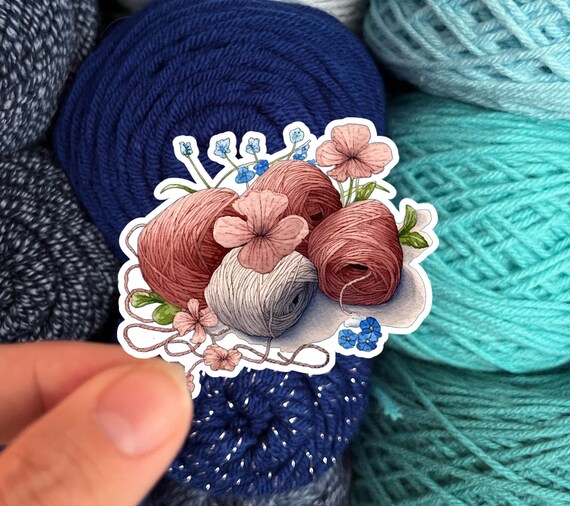 Watercolor Yarn Skeins with Flowers Sticker #2 - Die Cut Matte or Glossy Stickers for Knitter Crocheter or Spinner