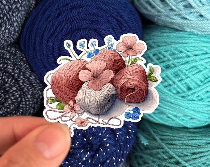 Watercolor Yarn Skeins with Flowers Sticker #2 - Die Cut Matte or Glossy Stickers for Knitter Crocheter or Spinner