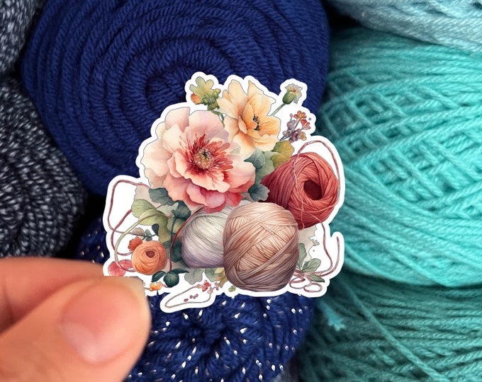Watercolor Flowers and Yarn Skeins Sticker #8 - Die Cut Matte or Glossy Stickers for Knitter Crocheter or Spinner