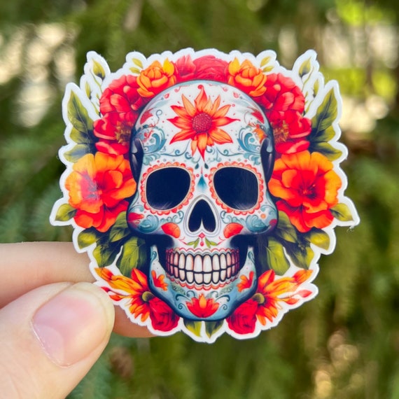 Orange Flowers Skull Sticker or Magnet | Flower Bouquet Sugar Skull | Calavera  Water bottle Laptop Sticker Halloween Spooky Season