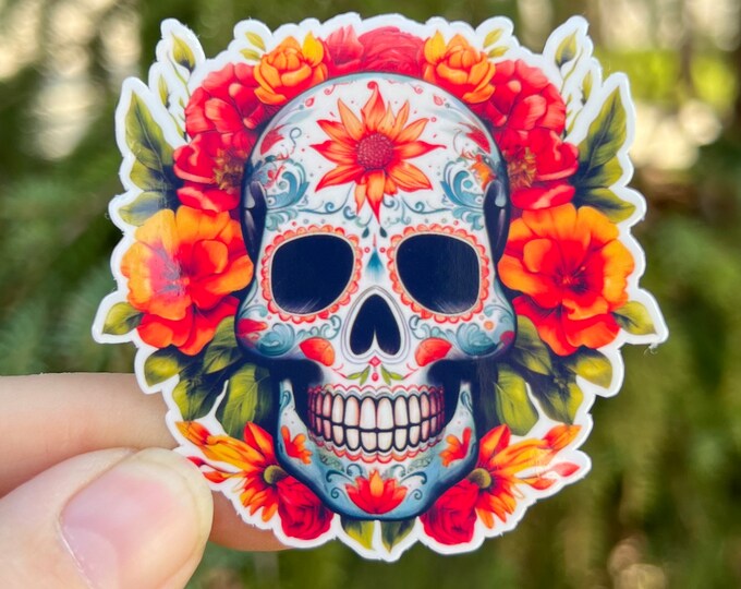 Orange Flowers Skull Sticker | Flower Bouquet Sugar Skull | Calavera Plant Flowers Water bottle Laptop Sticker Halloween Spooky Season