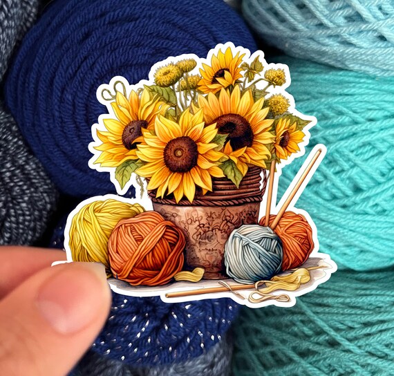 Sunflowers and Yarn Skeins Sticker #6- Die Cut Matte or Glossy Stickers for Knitter Crocheter or Spinner