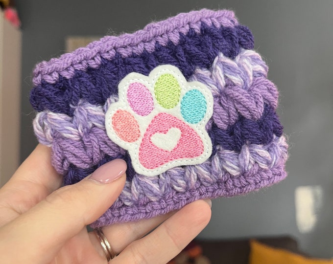 Crochet Coffee Cup Cozy | Purple Animal Love Design | Reusable Ecofriendly Sleeve