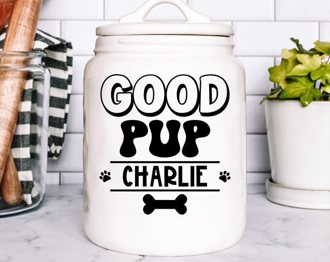Vinyl Decal Custom Pet Good Pup Treats Jar | Personalized Animal Name Customized Stickers | Car Notebook Laptop Vinyl Dog Treats cat Treats