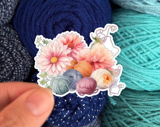 Watercolor Flowers and Yarn Skeins Sticker #9 - Die Cut Matte or Glossy Stickers for Knitter Crocheter or Spinner