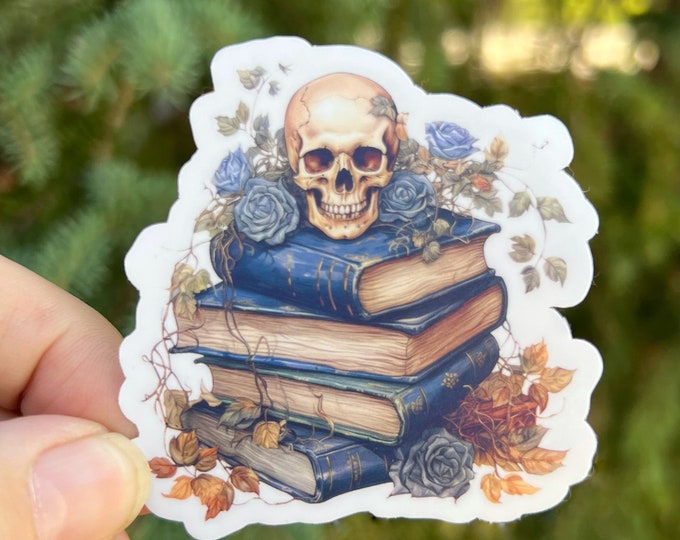 Skulls and Books Sticker | Blue Roses with Skulls and leaves on Books | Halloween Spooky Season Booktok Reading Sticker