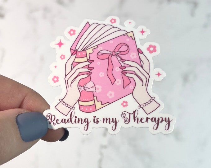 Reading Is My Therapy Coquette Style Sticker Reading Bows Pearls Water bottle Laptop Sticker