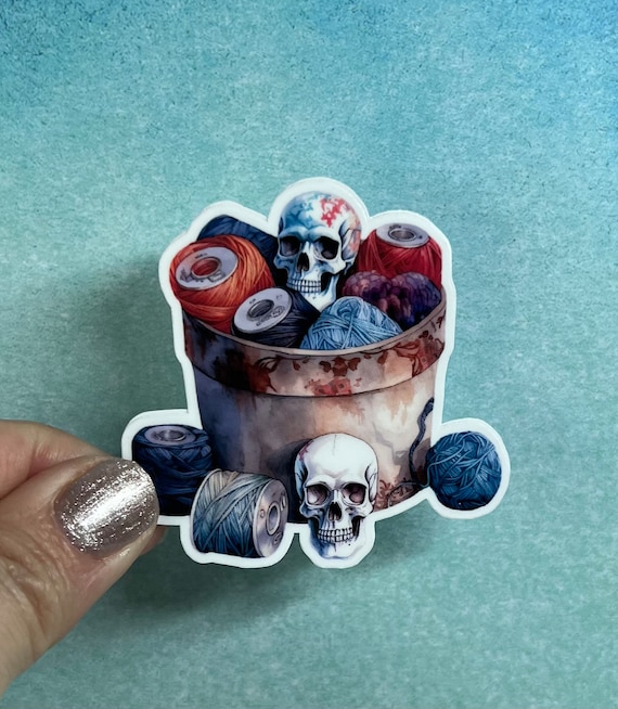 Skull Yarn Bucket 2 Sticker | Yarn Sticker Knitting Crochet Die Cut Sticker Rainbow Waterbottle Laptop Sticker Goth Skulls