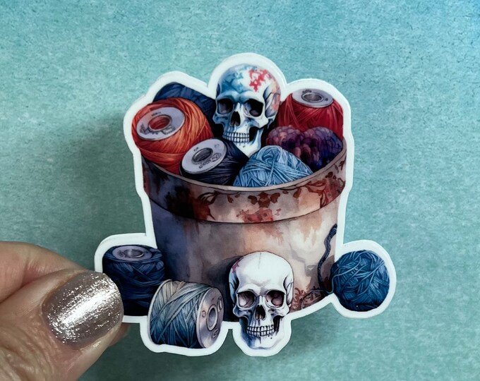 Skull Yarn Bucket 2 Sticker | Yarn Sticker Knitting Crochet Die Cut Sticker Rainbow Waterbottle Laptop Sticker Goth Skulls